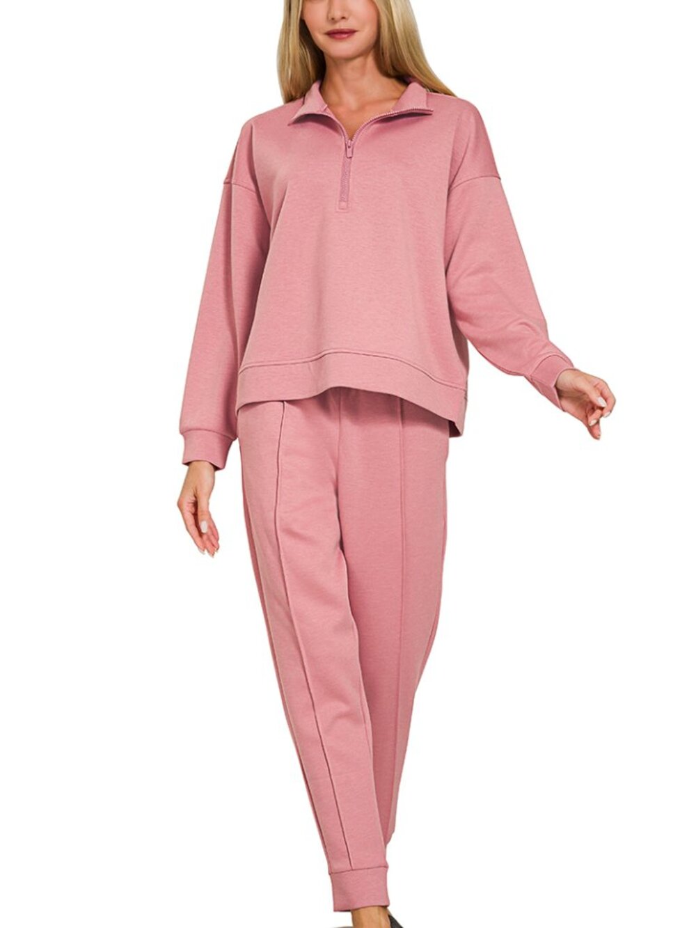 Scuba Half Zip Pullover & Pintuck Jogger Set in Light Rose